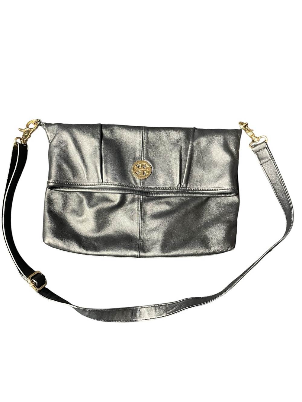 Tory Burch Black Pebbled Leather Foldover Crossbody Convertible Bag Excellent